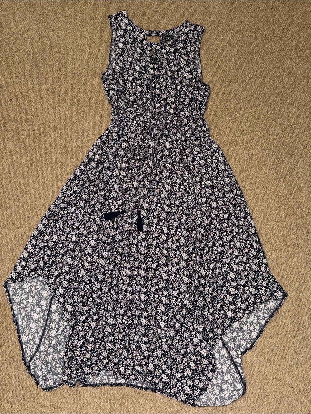 Sleeveless Navy Floral Maxi Sun Dress with Delicate White and Red Blooms 8